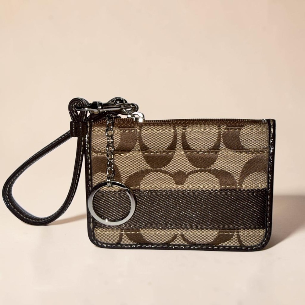 Coach Signature Mini Skinny ID Case Khaki Brown Canvas Patent Leather Wristlet